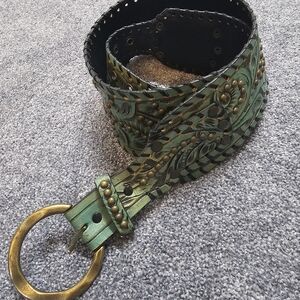 ORIGINAL JUAN ANTONIO Elegant Teal Hand Tooled Leather Belt  Brass Accents Large